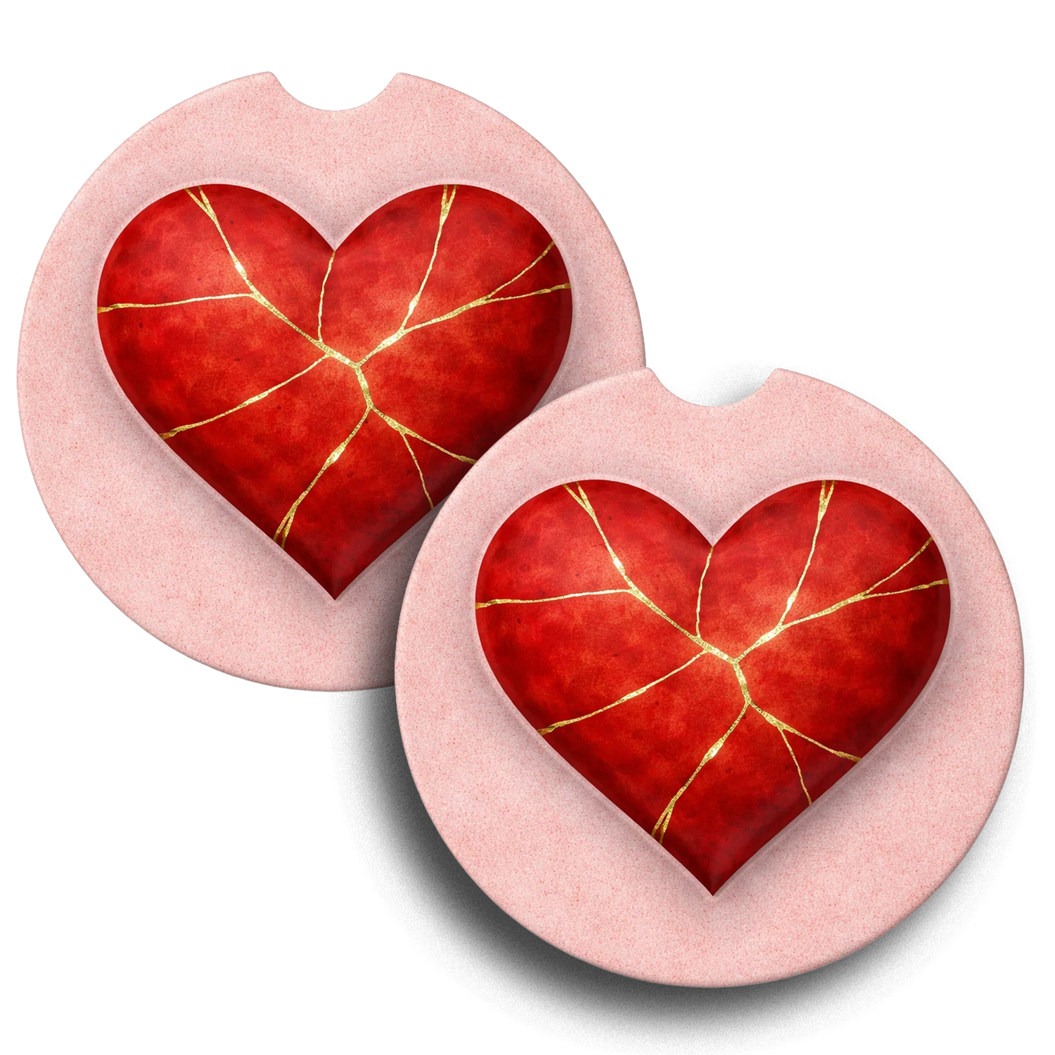 Valentine Kintsugi Heart Car Coaster Set of 2 – Absorbent Stone Cup Holder Pink - Beyond Lines
