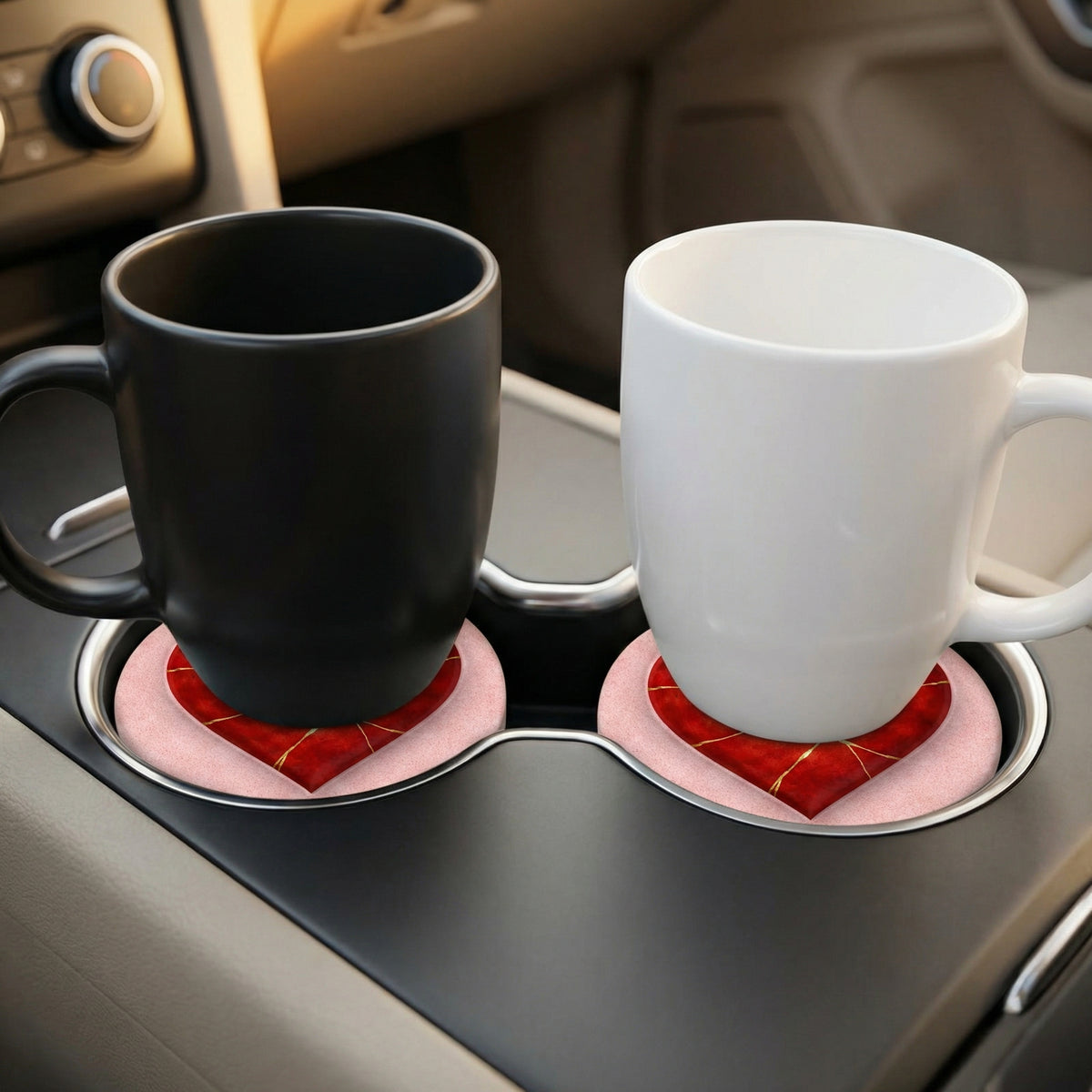 Valentine Kintsugi Heart Car Coaster Set of 2 – Absorbent Stone Cup Holder Pink - Beyond Lines