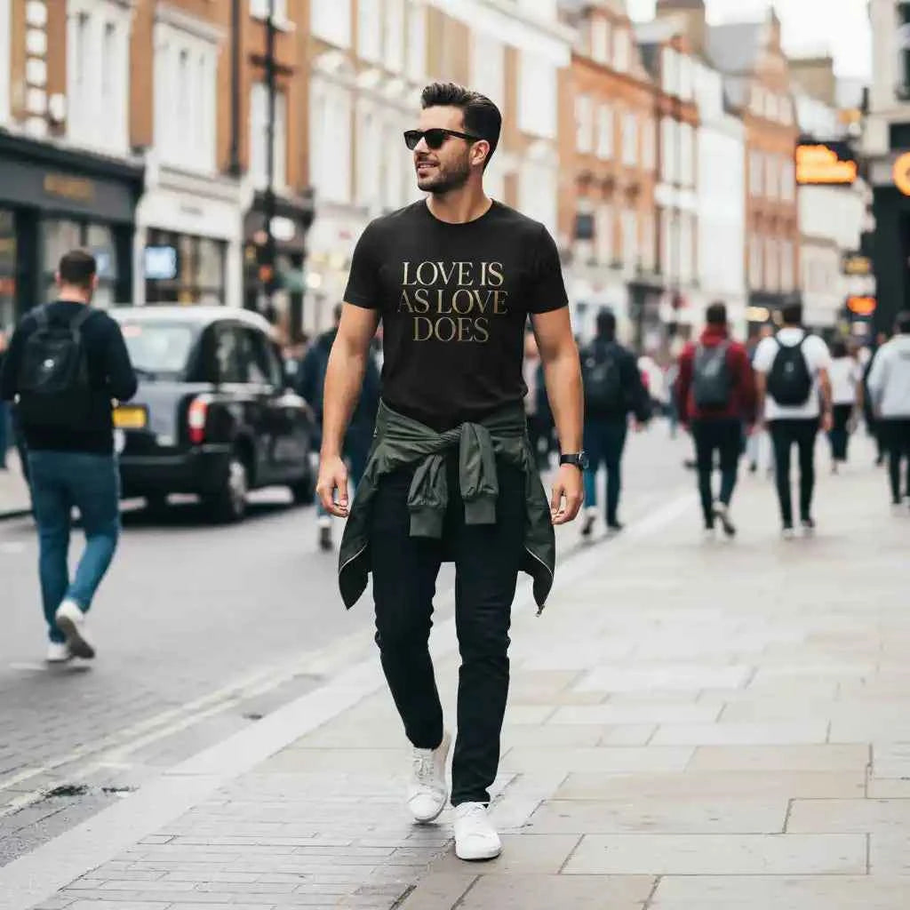 Love Is As Love Does Graphic T-Shirt - Black Cotton Tee with Gold Typography