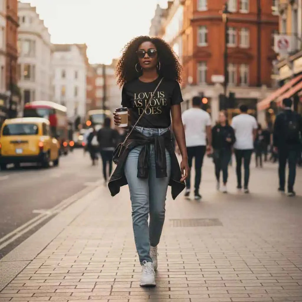 Love Is As Love Does Graphic T-Shirt - Black Cotton Tee with Gold Typography