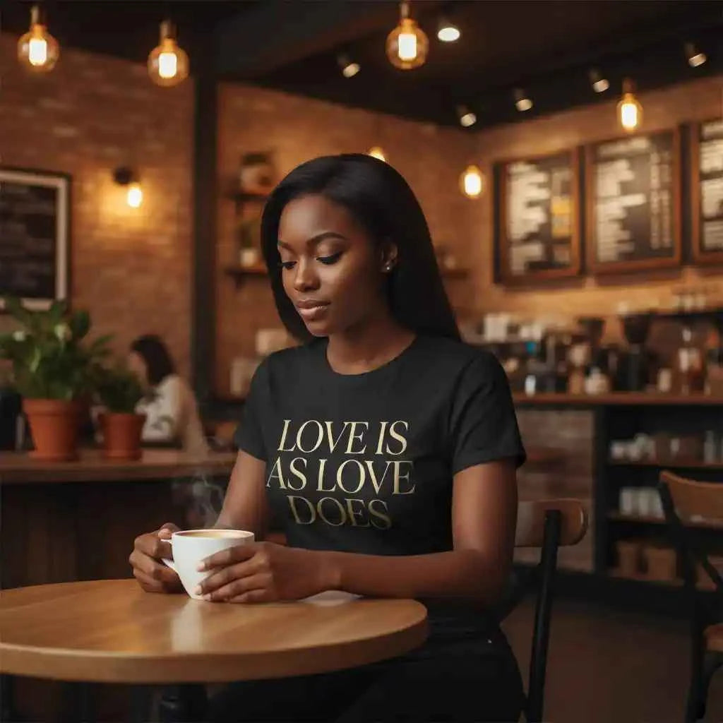 Love Is As Love Does Graphic T-Shirt - Black Cotton Tee with Gold Typography
