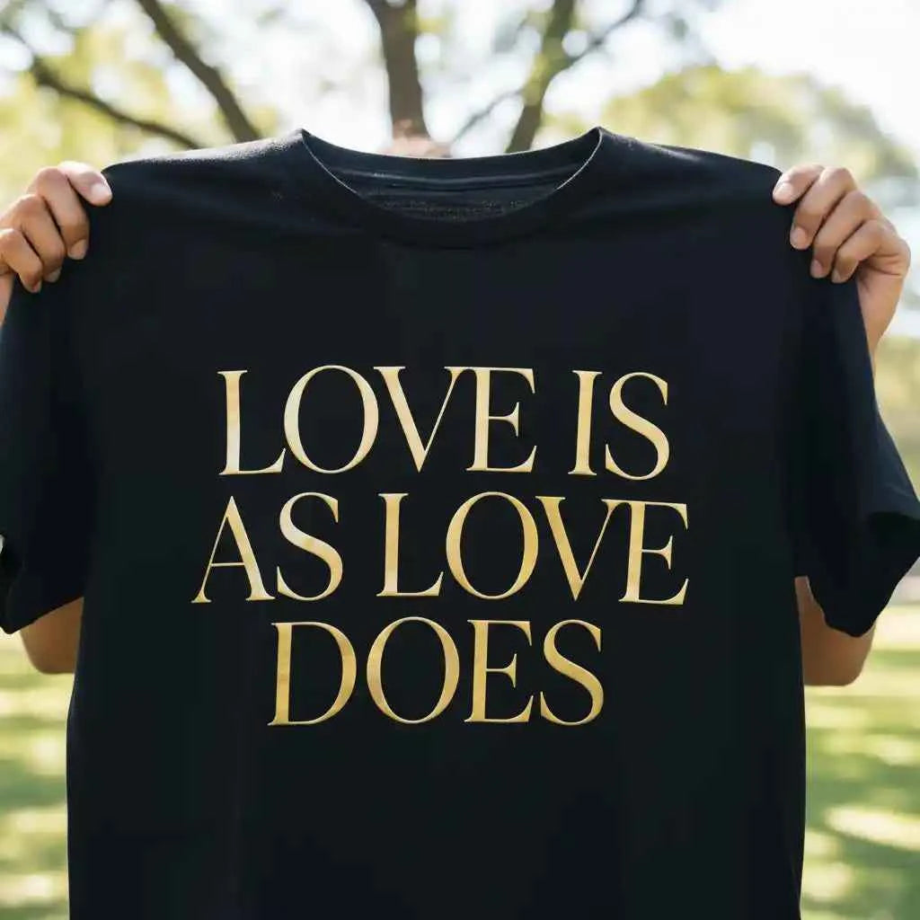 Love Is As Love Does Graphic T-Shirt - Black Cotton Tee with Gold Typography