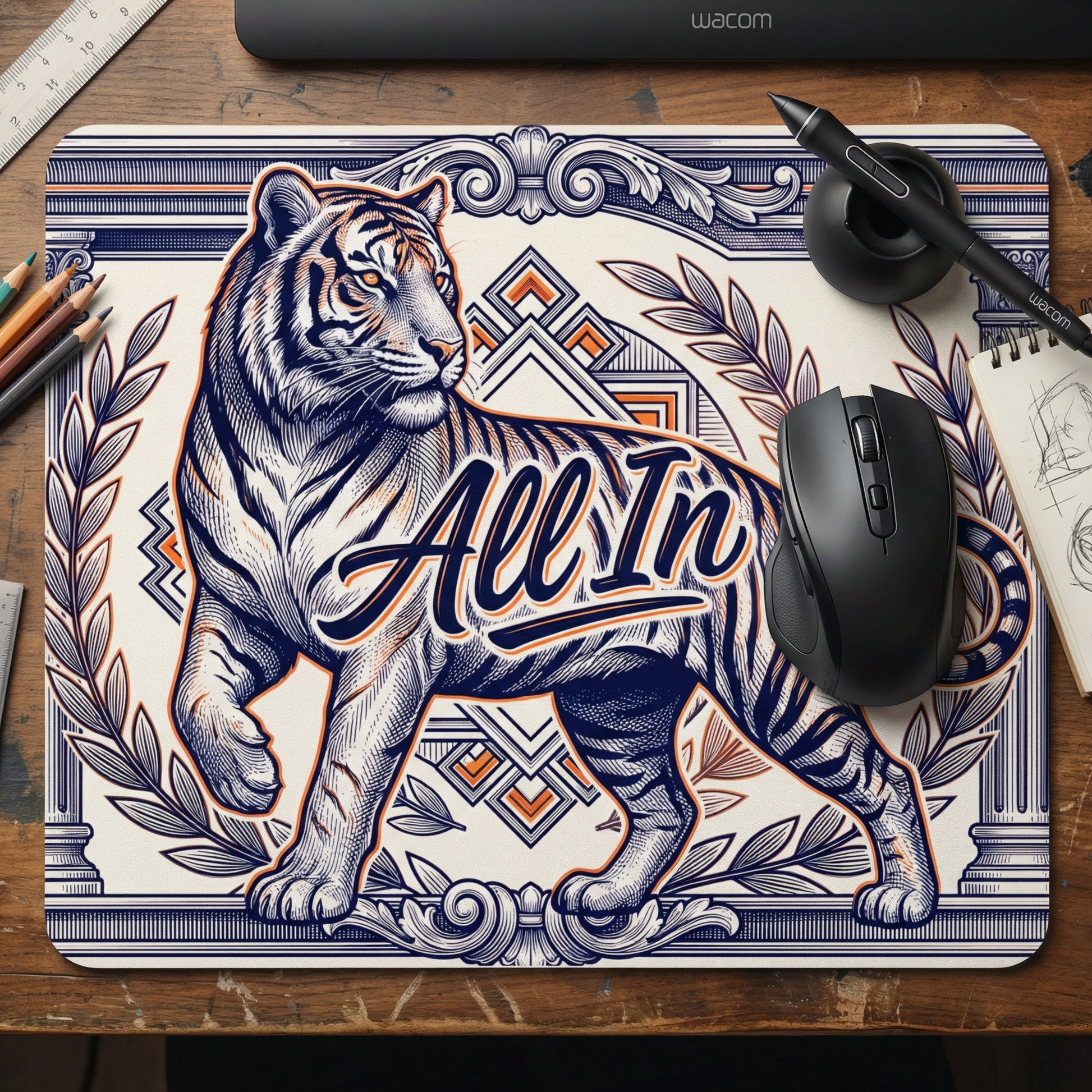 All In Tiger Mousepad Vintage Banknote Style Illustration Non-Slip Rubber Base Stitched Edges - Beyond Lines