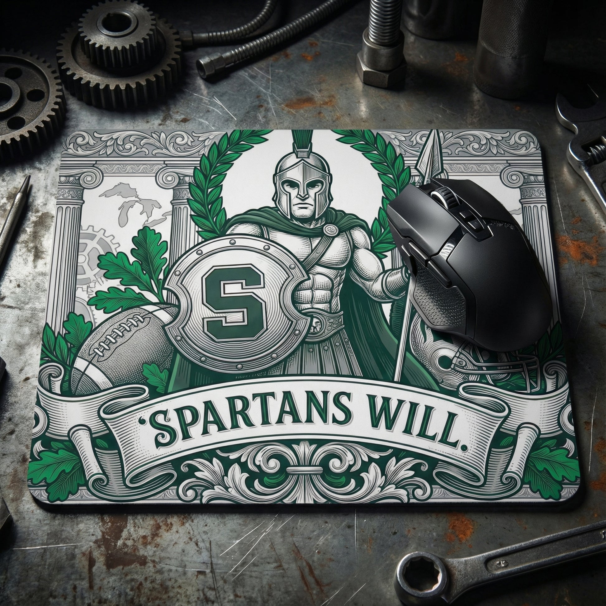 Michigan State Spartans Mousepad - "Spartans Will" Football Design - MSU Green & White Gaming Mat