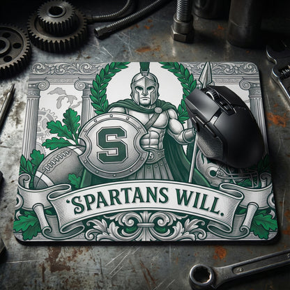 Michigan State Spartans Mousepad - "Spartans Will" Football Design - MSU Green & White Gaming Mat