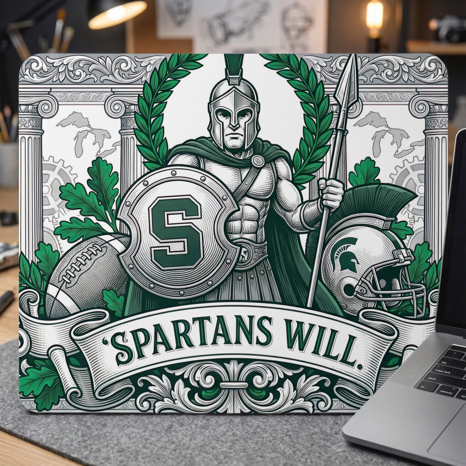 Michigan State Spartans Mousepad - "Spartans Will" Football Design - MSU Green & White Gaming Mat