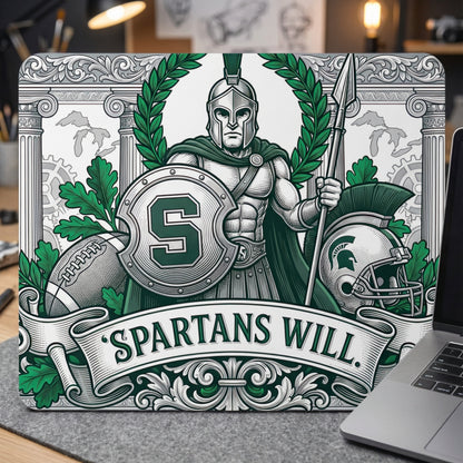 Michigan State Spartans Mousepad - "Spartans Will" Football Design - MSU Green & White Gaming Mat