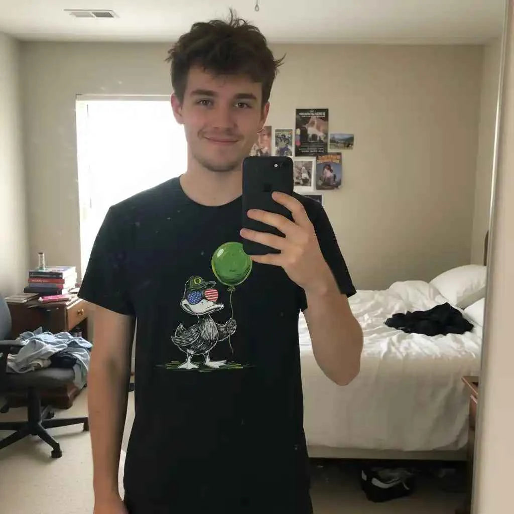 Patriotic Oregon Duck T-Shirt - USA Sunglasses & Green Balloon Graphic Tee