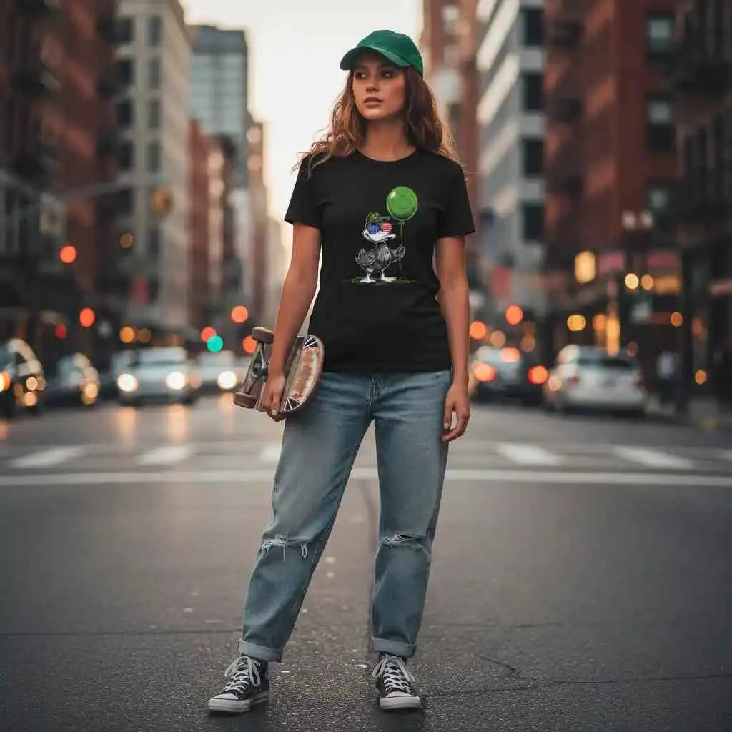 Patriotic Oregon Duck T-Shirt - USA Sunglasses & Green Balloon Graphic Tee