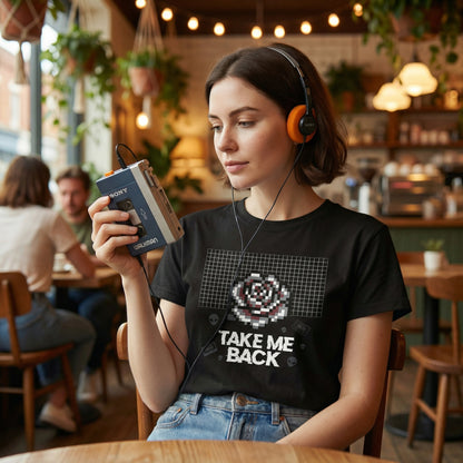 Pixel Art Rose T-Shirt | Retro Vaporwave 'Take Me Back' Graphic Tee - Beyond Lines