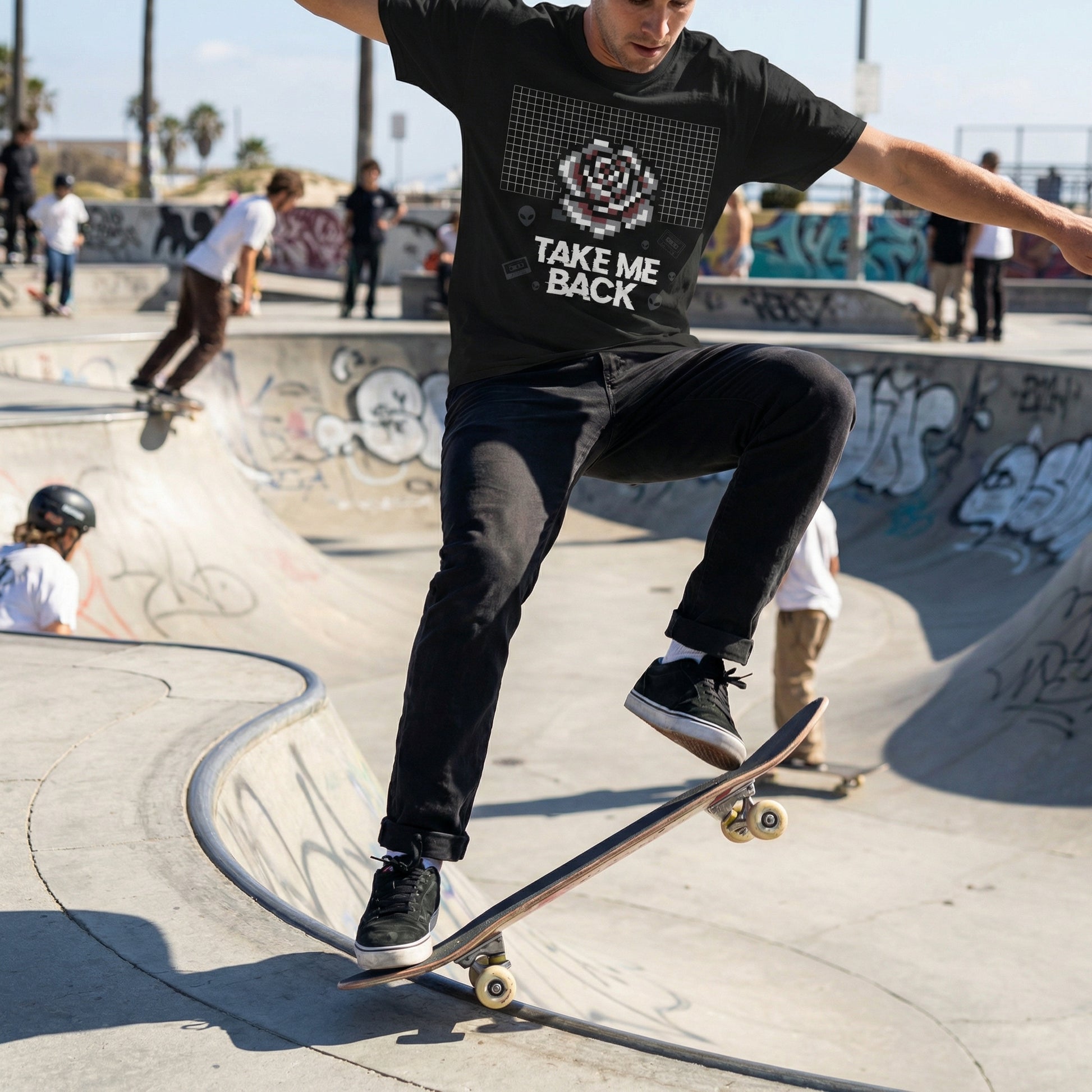 Pixel Art Rose T-Shirt | Retro Vaporwave 'Take Me Back' Graphic Tee - Beyond Lines