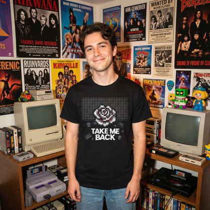 Pixel Art Rose T-Shirt | Retro Vaporwave 'Take Me Back' Graphic Tee - Beyond Lines