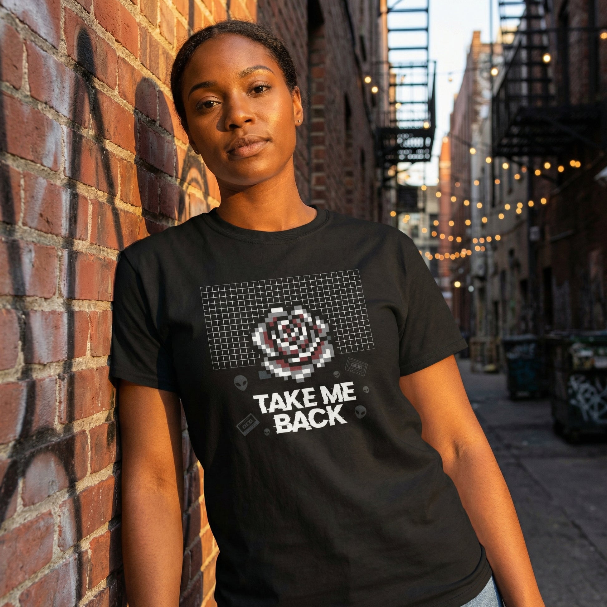 Pixel Art Rose T-Shirt | Retro Vaporwave 'Take Me Back' Graphic Tee - Beyond Lines