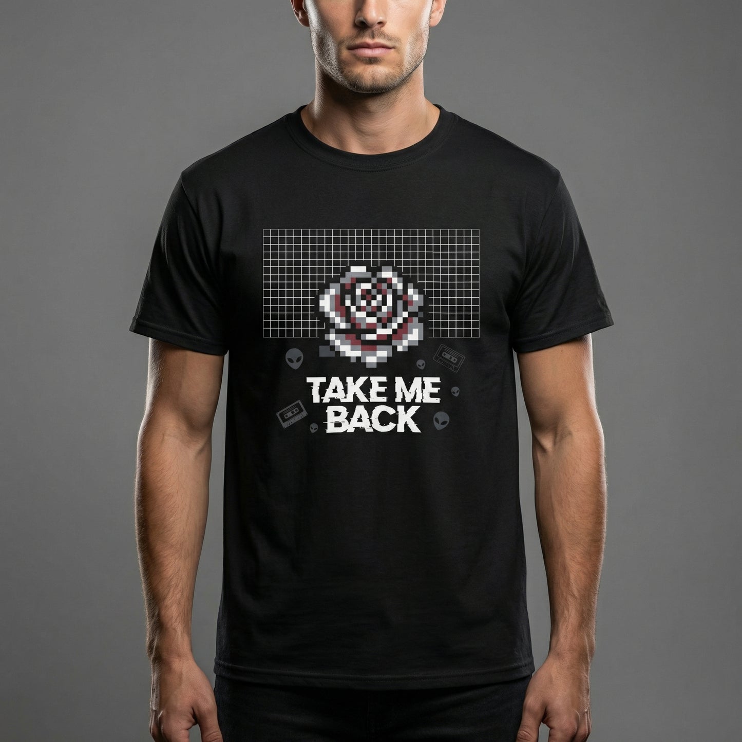 Pixel Art Rose T-Shirt | Retro Vaporwave 'Take Me Back' Graphic Tee - Beyond Lines
