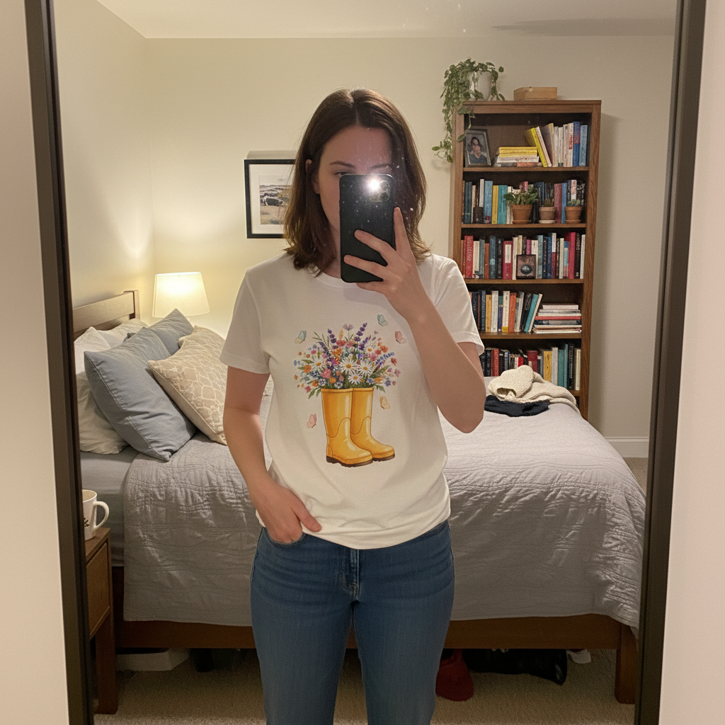 Women's Spring Wildflower T-Shirt - Watercolor Yellow Rain Boots & Butterfly Garden Graphic Tee