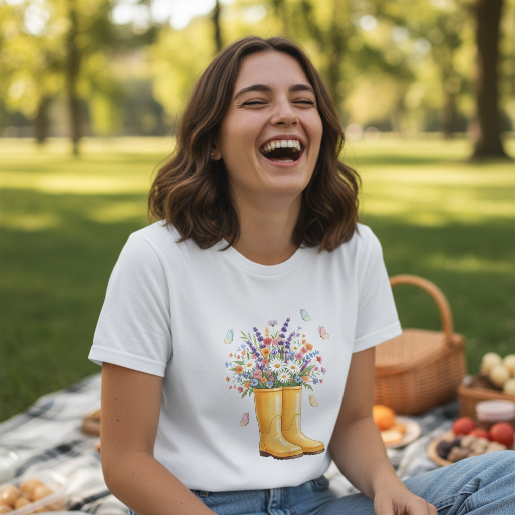 Women's Spring Wildflower T-Shirt - Watercolor Yellow Rain Boots & Butterfly Garden Graphic Tee