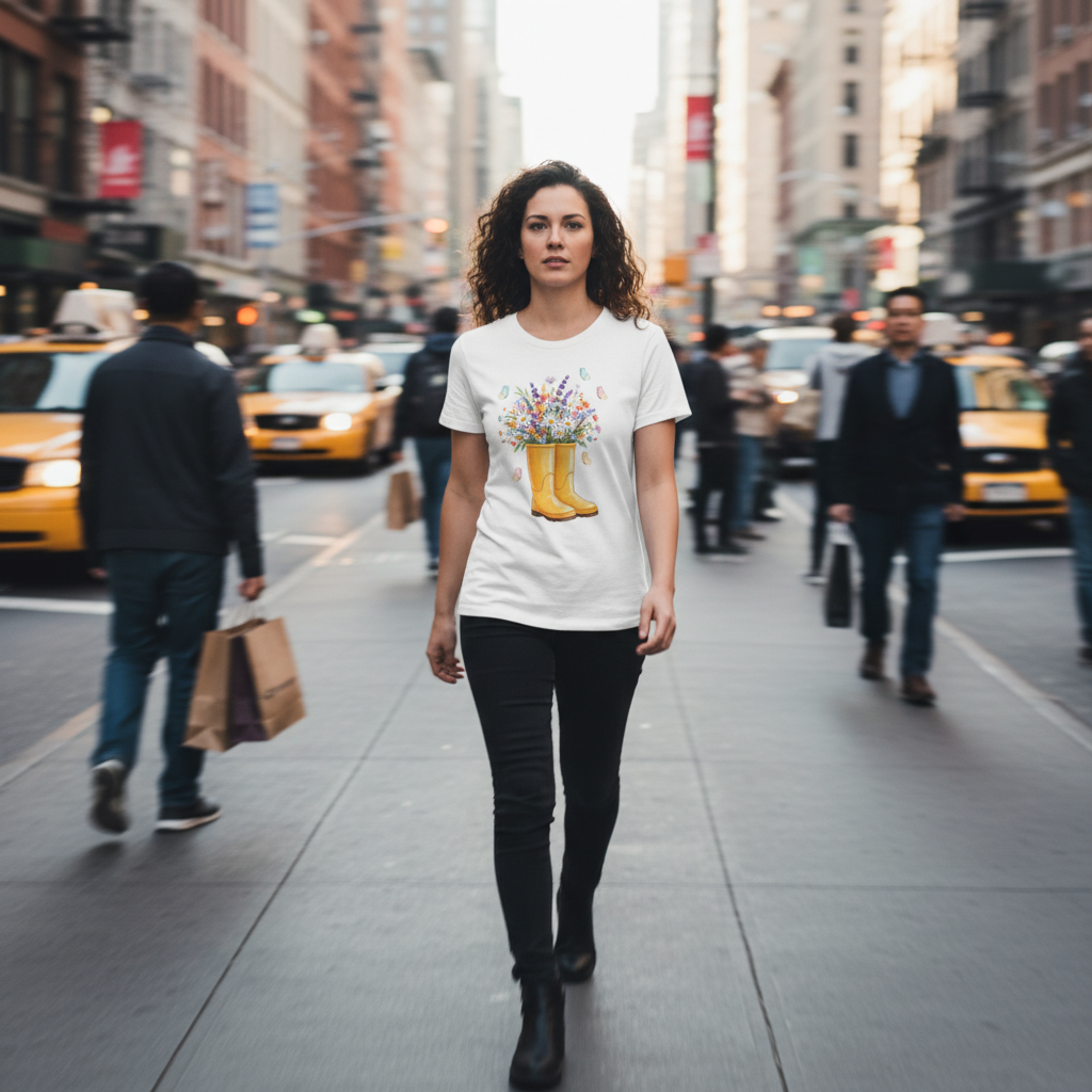 Women's Spring Wildflower T-Shirt - Watercolor Yellow Rain Boots & Butterfly Garden Graphic Tee