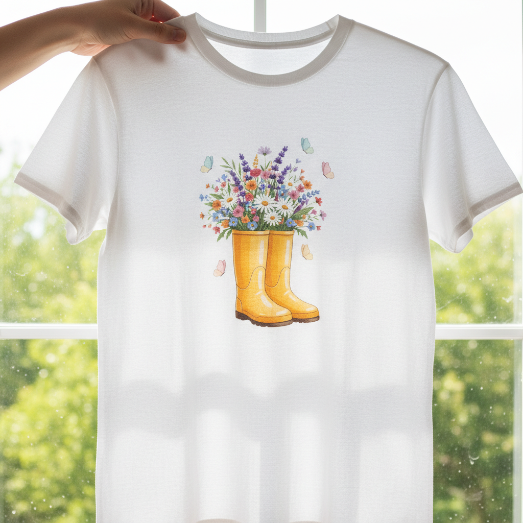 Women's Spring Wildflower T-Shirt - Watercolor Yellow Rain Boots & Butterfly Garden Graphic Tee