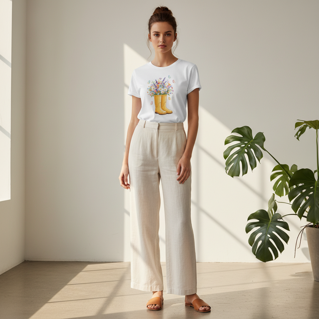 Women's Spring Wildflower T-Shirt - Watercolor Yellow Rain Boots & Butterfly Garden Graphic Tee