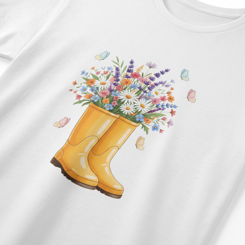 Women's Spring Wildflower T-Shirt - Watercolor Yellow Rain Boots & Butterfly Garden Graphic Tee