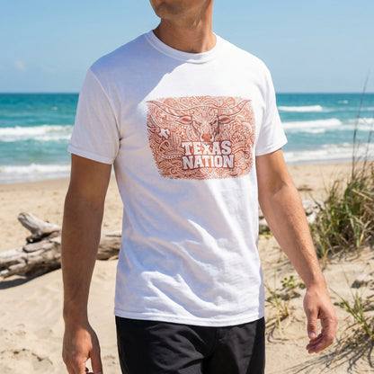 Texas Nation T-Shirt Longhorn Steer Graphic Western Print Cotton White - Beyond Lines