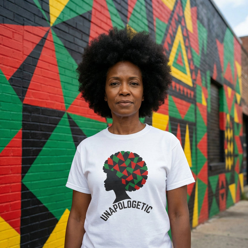 Unapologetic Afro Silhouette T-Shirt Pan-African Geometric Print White - Beyond Lines