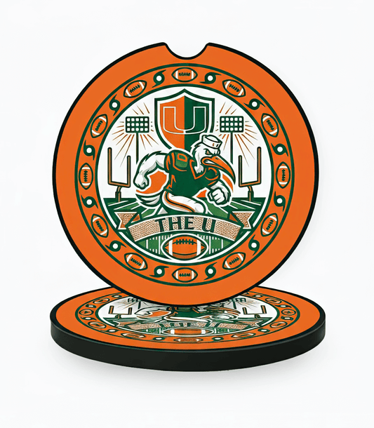 Miami Hurricanes 'The U' Car Coasters - Sebastian the Ibis Absorbent Cup Holder Inserts - Set of 2