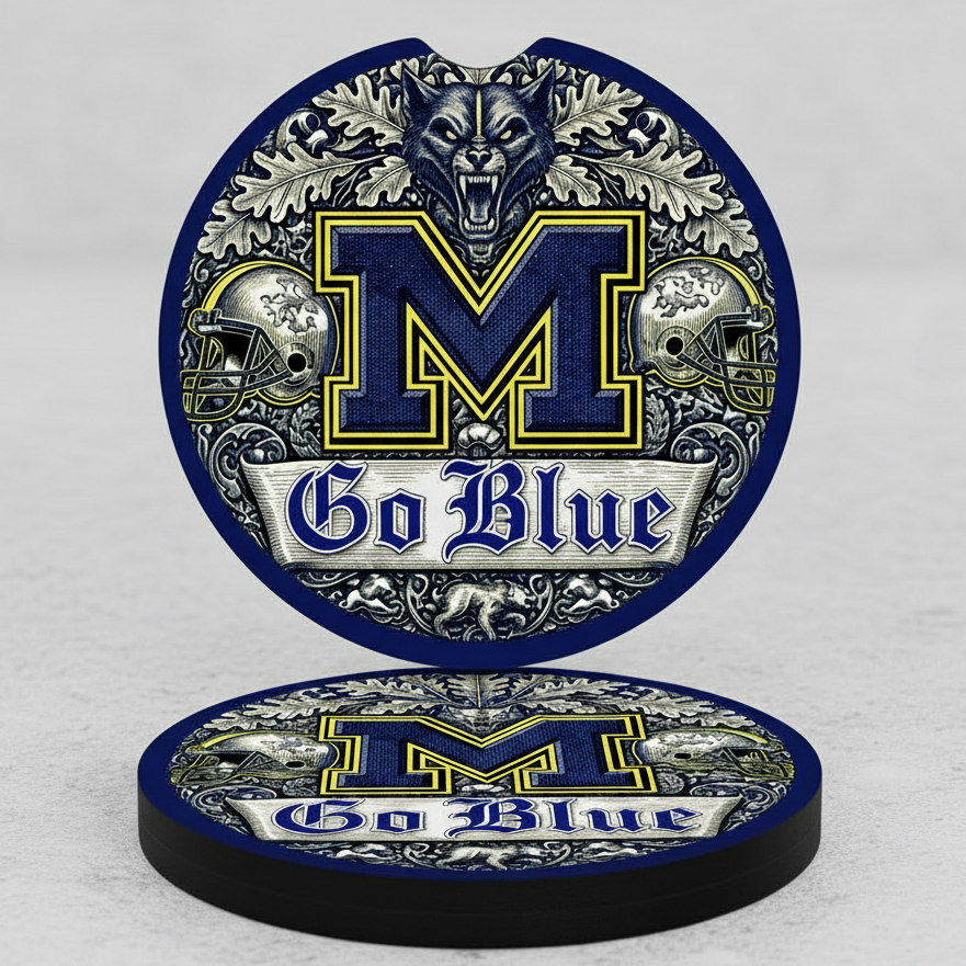Wolverines Car Coasters - Go Blue Auto Cup Holder Inserts - Michigan Football Fan Gift - Set of 2
