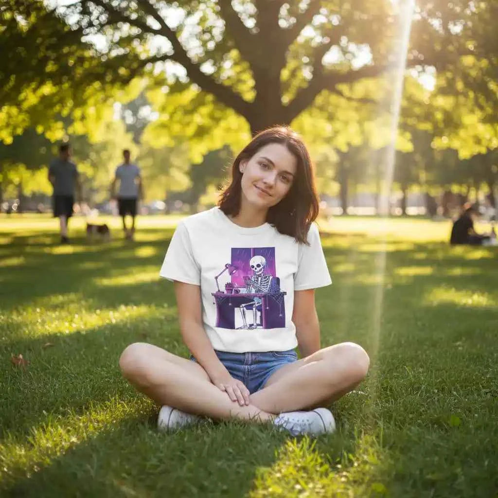 Skeleton Doomscrolling at Desk Graphic T-Shirt - Funny Internet Meme & Lo-Fi Aesthetic Tee