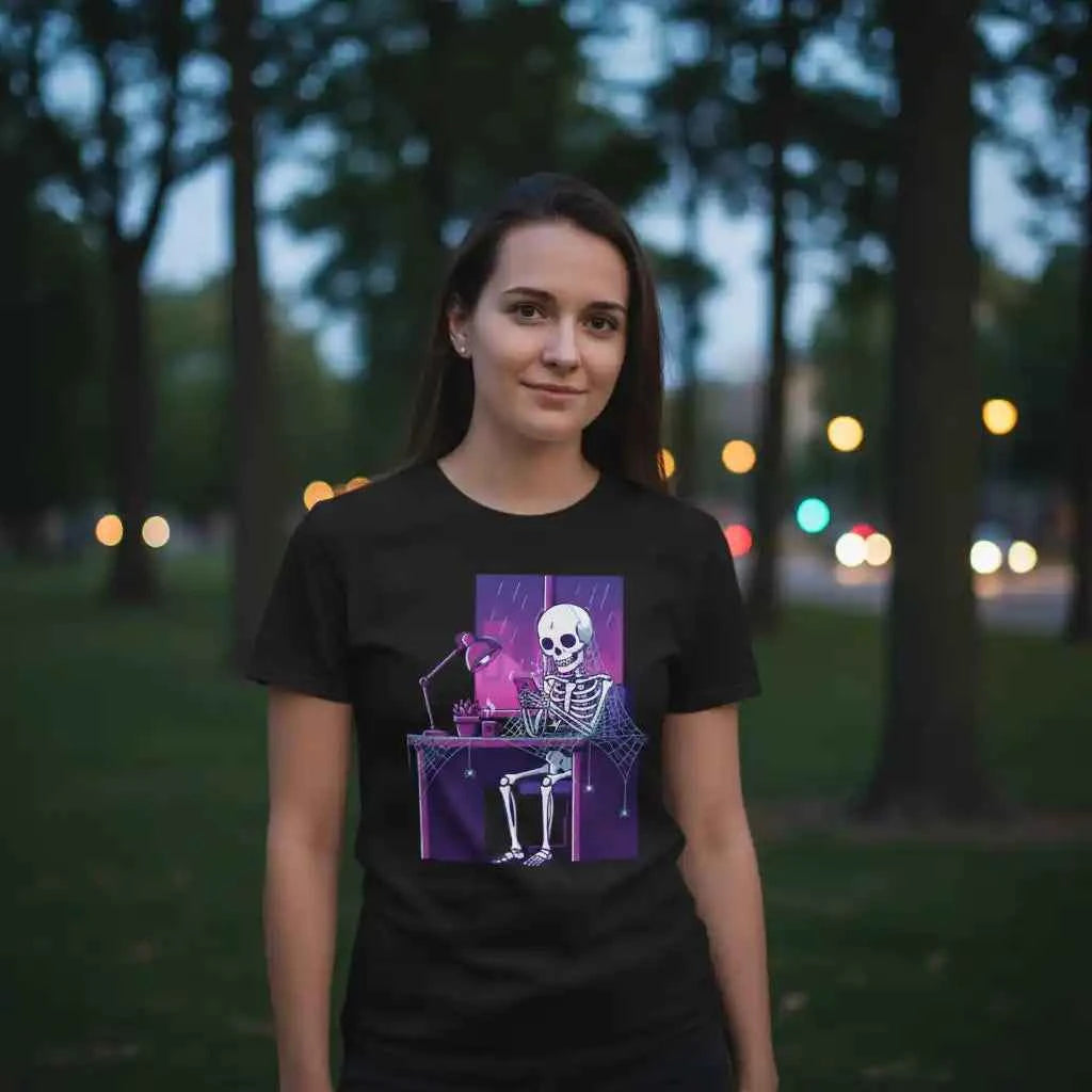 Skeleton Doomscrolling at Desk Graphic T-Shirt - Funny Internet Meme & Lo-Fi Aesthetic Tee