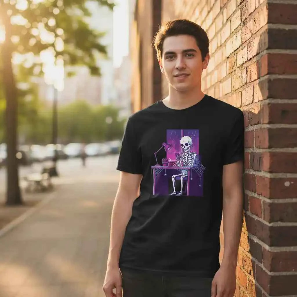 Skeleton Doomscrolling at Desk Graphic T-Shirt - Funny Internet Meme & Lo-Fi Aesthetic Tee