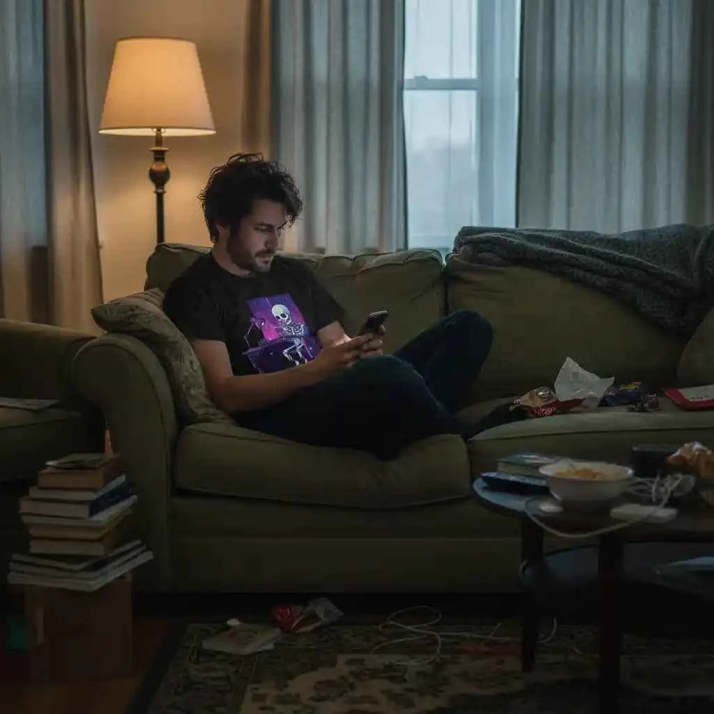 Skeleton Doomscrolling at Desk Graphic T-Shirt - Funny Internet Meme & Lo-Fi Aesthetic Tee
