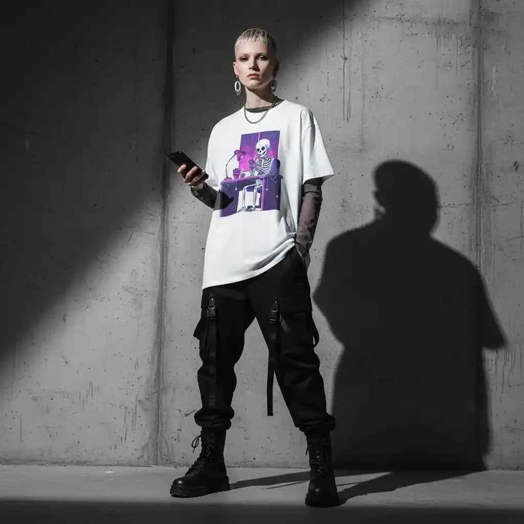 Skeleton Doomscrolling at Desk Graphic T-Shirt - Funny Internet Meme & Lo-Fi Aesthetic Tee