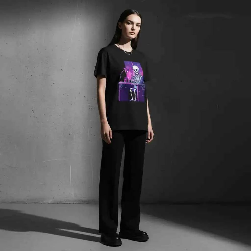 Skeleton Doomscrolling at Desk Graphic T-Shirt - Funny Internet Meme & Lo-Fi Aesthetic Tee