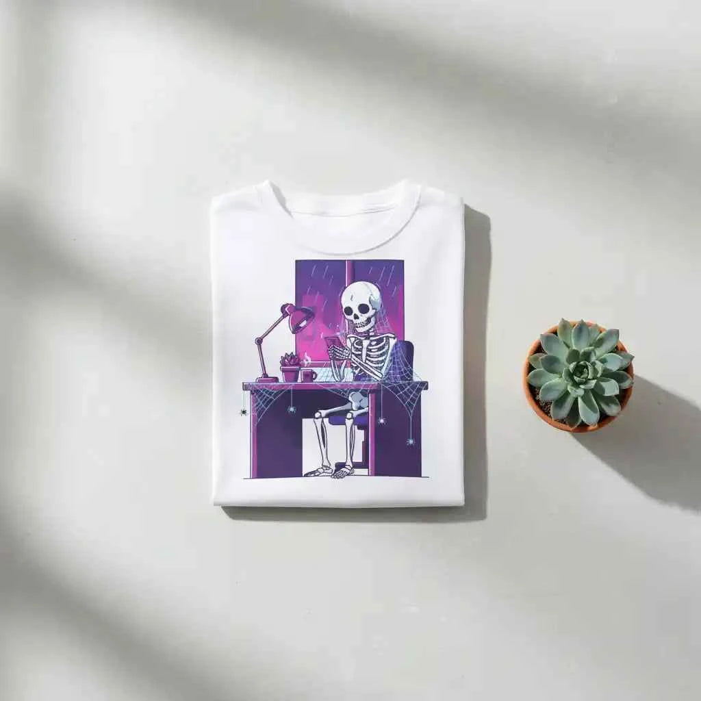 Skeleton Doomscrolling at Desk Graphic T-Shirt - Funny Internet Meme & Lo-Fi Aesthetic Tee