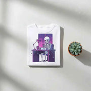 Skeleton Doomscrolling at Desk Graphic T-Shirt - Funny Internet Meme & Lo-Fi Aesthetic Tee