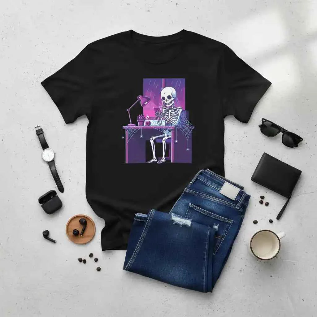 Skeleton Doomscrolling at Desk Graphic T-Shirt - Funny Internet Meme & Lo-Fi Aesthetic Tee