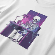 Skeleton Doomscrolling at Desk Graphic T-Shirt - Funny Internet Meme & Lo-Fi Aesthetic Tee
