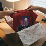 Skeleton Doomscrolling at Desk Graphic T-Shirt - Funny Internet Meme & Lo-Fi Aesthetic Tee