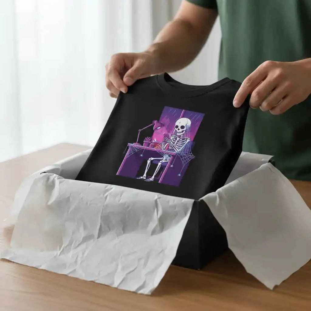 Skeleton Doomscrolling at Desk Graphic T-Shirt - Funny Internet Meme & Lo-Fi Aesthetic Tee