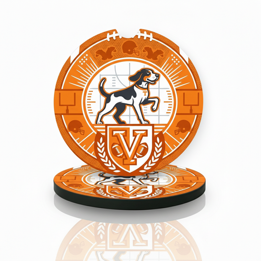 Tennessee Football Hound Dog Car Coasters - Auto Cup Holder Inserts with Finger Notch - Orange and White Fan Gear - Set of 2