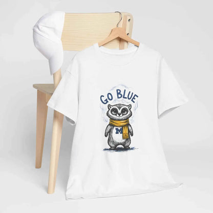 Go Blue Raccoon Mascot Graphic T-Shirt - Michigan Wolverines Inspired Fan Apparel - White Cotton Tee