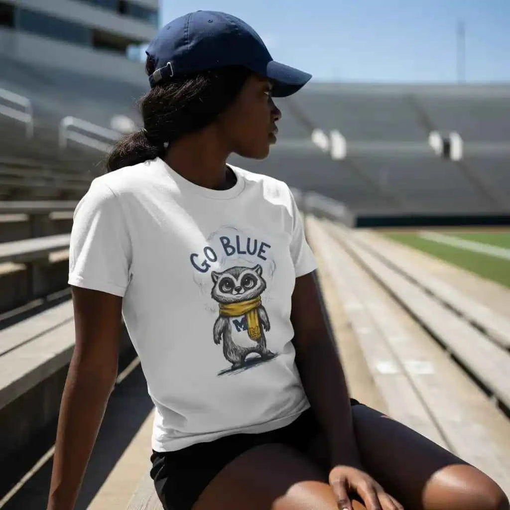 Go Blue Raccoon Mascot Graphic T-Shirt - Michigan Wolverines Inspired Fan Apparel - White Cotton Tee