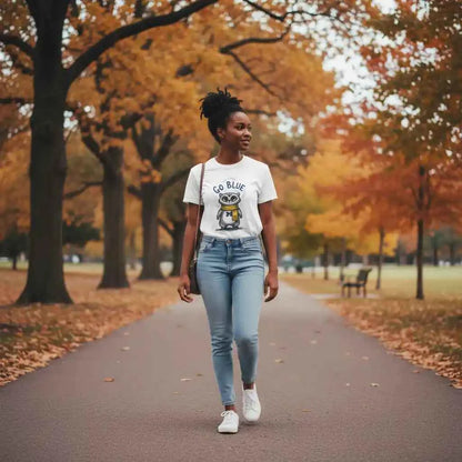 Go Blue Raccoon Mascot Graphic T-Shirt - Michigan Wolverines Inspired Fan Apparel - White Cotton Tee