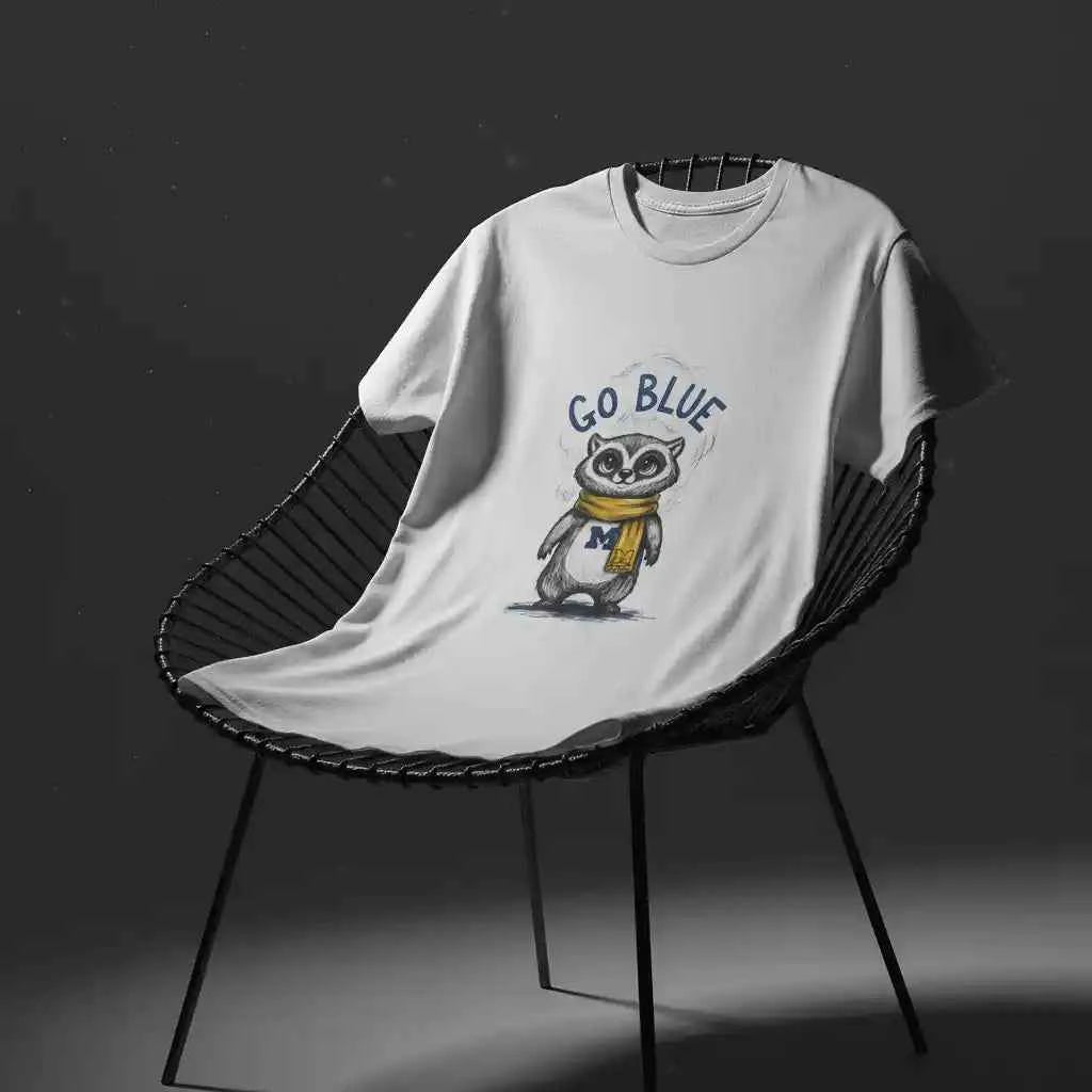 Go Blue Raccoon Mascot Graphic T-Shirt - Michigan Wolverines Inspired Fan Apparel - White Cotton Tee