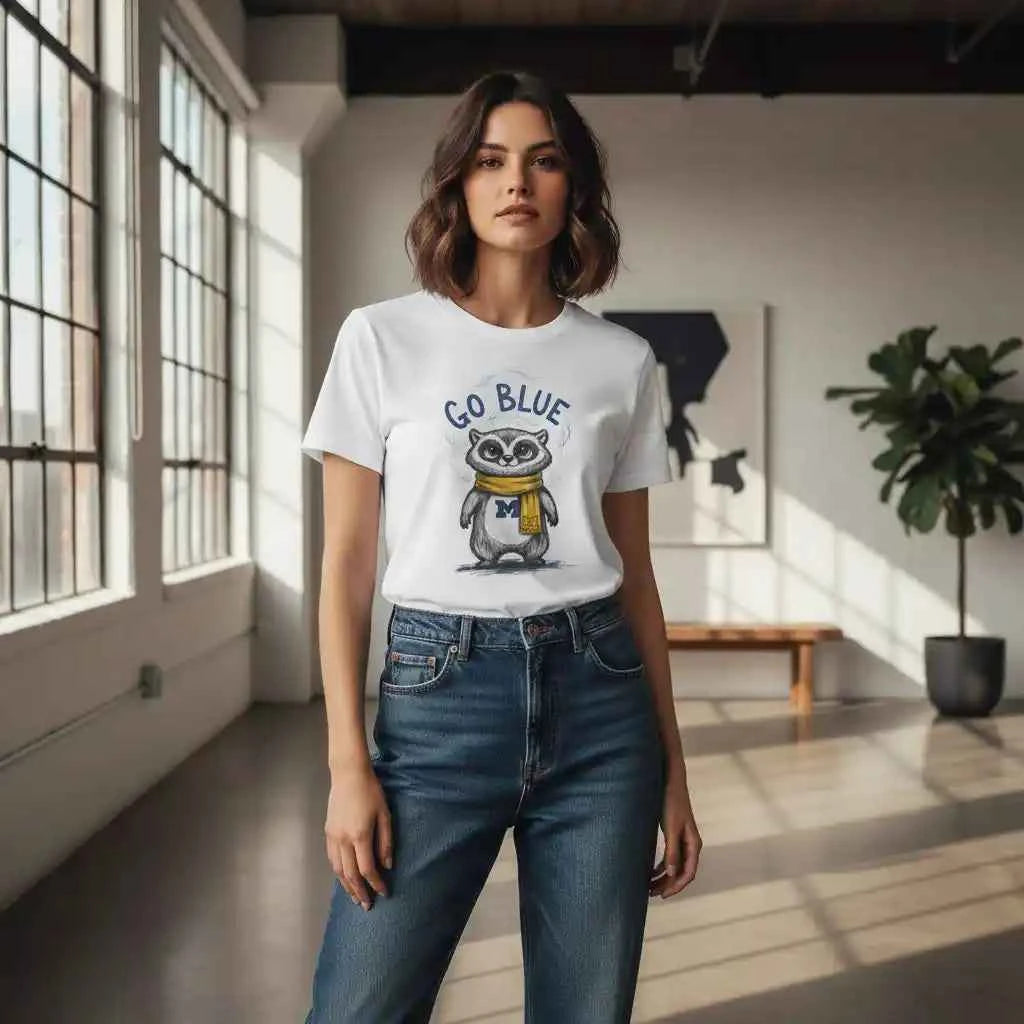 Go Blue Raccoon Mascot Graphic T-Shirt - Michigan Wolverines Inspired Fan Apparel - White Cotton Tee