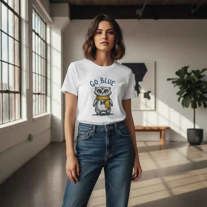 Go Blue Raccoon Mascot Graphic T-Shirt - Michigan Wolverines Inspired Fan Apparel - White Cotton Tee