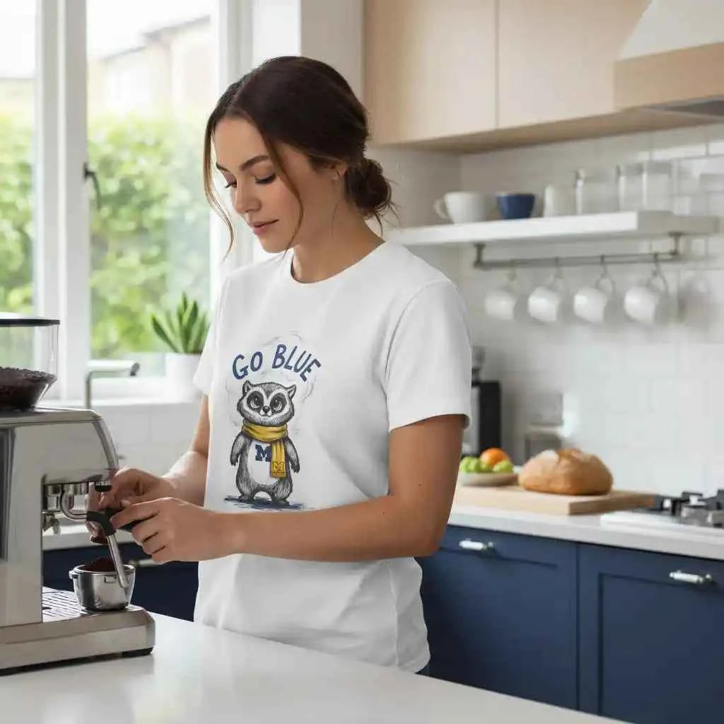 Go Blue Raccoon Mascot Graphic T-Shirt - Michigan Wolverines Inspired Fan Apparel - White Cotton Tee