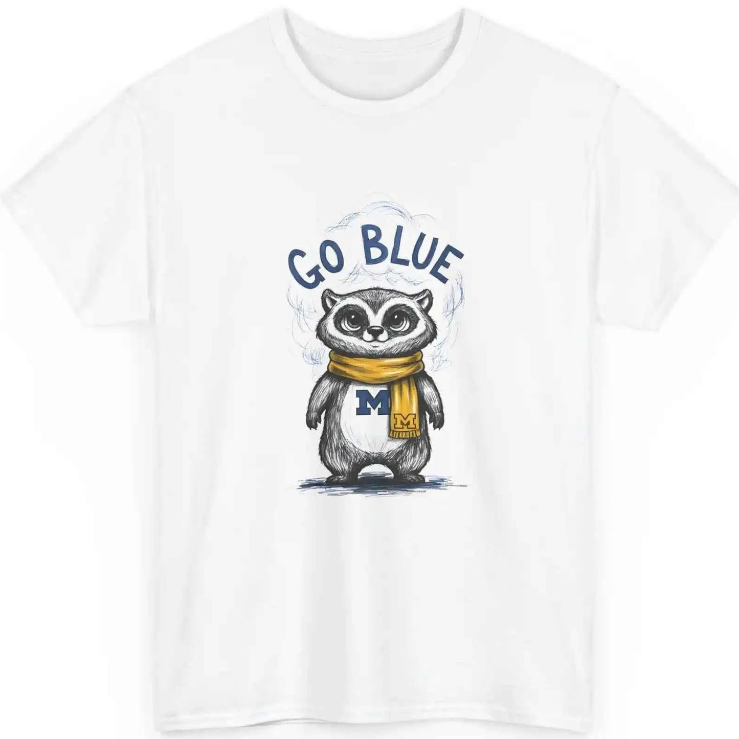 Go Blue Raccoon Mascot Graphic T-Shirt - Michigan Wolverines Inspired Fan Apparel - White Cotton Tee