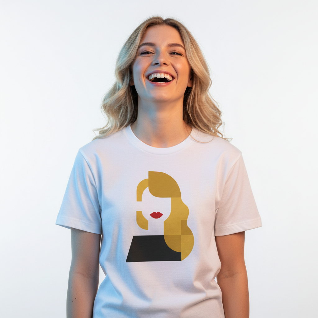 Abstract Blonde Woman Graphic T-Shirt White Crew Neck Minimalist Art Tee - Beyond Lines